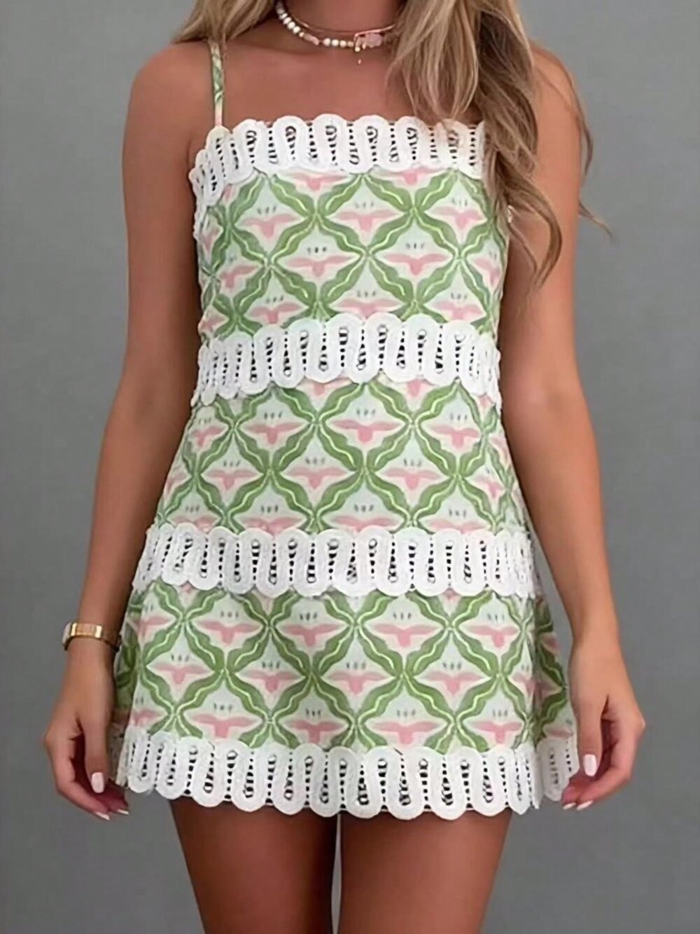 Flower Vintage Women's Floral Print Spaghetti Strap Lace Trim A Line Mini Dress - Picture 3 of 4
